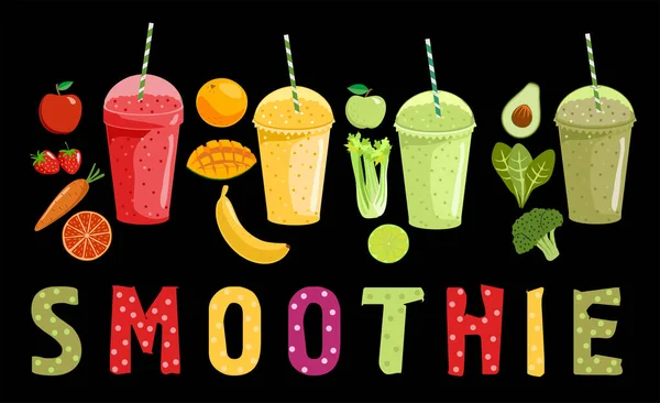 Smoothie e frutas. Smoothies desenhos animados em um fundo preto. Laranja, morango, baga, banana e batido de abacate. Batido de fruta orgânica. Design plano. Ilustração vetorial . — Vetor de Stock