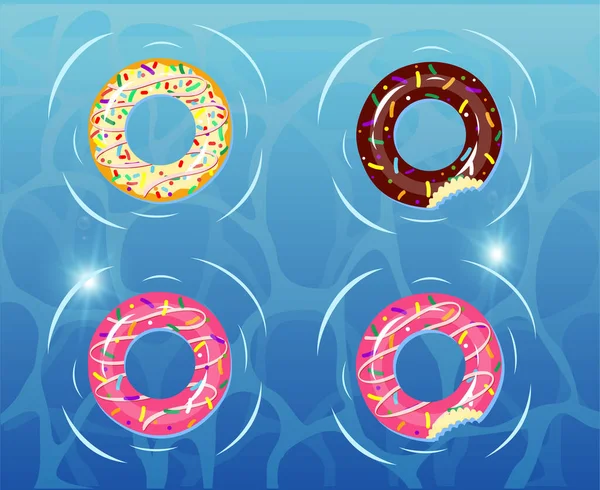 Verão flutuador donuts definir design vetor. Anéis de natação infláveis e elementos de natação de brinquedo de borracha isolados em fundo branco para férias de verão. Projeto no fundo da piscina . —  Vetores de Stock