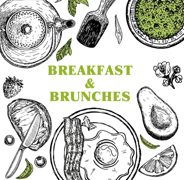 Breakfasts and brunches top view frame. Food menu design. Classic english breakfast. Vintage hand drawn sketch vector illustration. Good nutrition. — Stock Vector