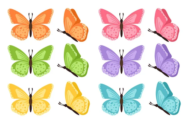 Verschiedene Schmetterlinge sammeln. Vektorillustration. Schmetterlinge isoliert auf weißem Hintergrund. Bunte Schmetterlinge. Hübscher Vektor-Schmetterling Set mit Federpalette für Kind. — Stockvektor