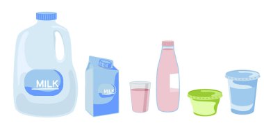 Süt farklı paketlerde, kefir ve yoğurt. Vektör illüstrasyon seti beyaz arkaplanda izole edildi