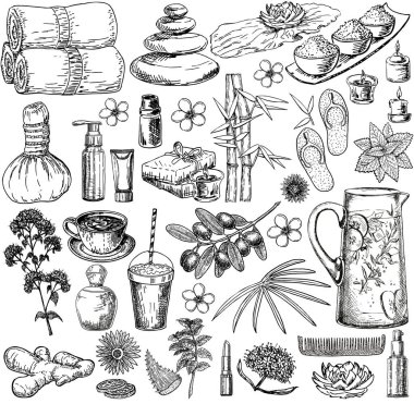 Bambu Havlu Aroma Mumları ile Seti Spa Skeç Dekoratif Simgeleri. İzole vektör çizimi. Klasik el yapımı SPA ve Güzellik Çizimleri. Kozmetik ve aromatik malzeme koleksiyonu.