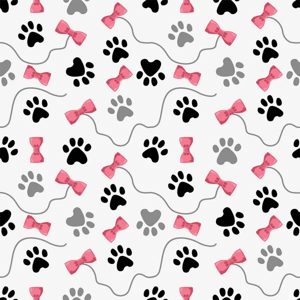 Haustiere Pfotenmuster. Spielzeug für Katzen und tierische Fußstapfen nahtlose Textur. Pet Store Vektor Hintergrund. Katzenfußabdrücke — Stockvektor
