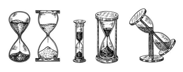 Vintage hourglasses set. Collection of antique timers. Ink sketch isolated on white background. Hand drawn vector illustration. Retro style. — ストックベクタ