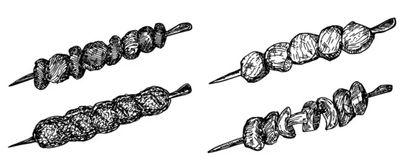 Различные виды кебабов. Собрание иллюстраций грузинской кухни. Ручные наброски с национальным мясным блюдом кавказской кухни барбекю на шашлыках. набор эскизов — стоковый вектор