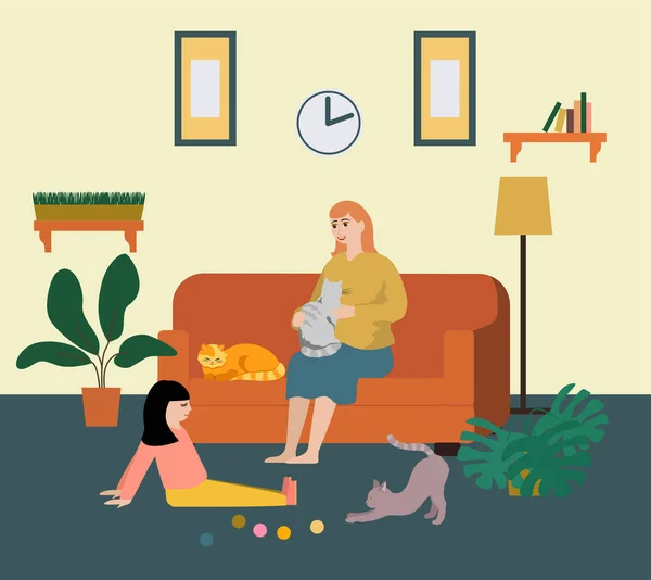 Loisirs. Femme, enfant et trois chats. Les animaux. Décor confortable pour la maison . — Image vectorielle
