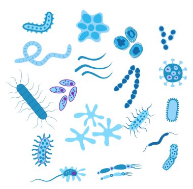 Bir dizi şirin çizgi film bakterisi. Çocuklar için mikrobiyolojik virüs ve bulaşıcı enfeksiyon bakteriler düz çizim, mikroplar ve mikroplar hücre mikropları çocuklar için mikro illüstrasyon