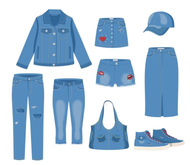 Kot pantolon takımı. Moda yırtık kot günlük kıyafet vektör illüstrasyonu. Kot pantolon modelleri beyaz arka planda izole edilmiş. Kot pantolon, kot etek, şort, ceket, spor ayakkabı, çanta. Mavi kot