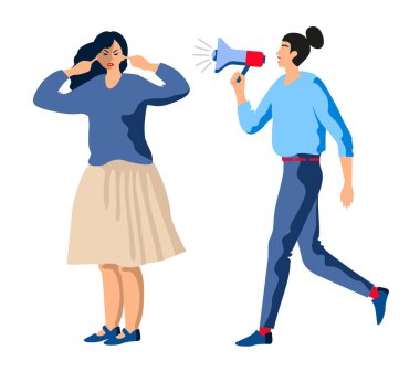 Megafonlu kadın. Agresif yönetim vektör çizimi. Business Woman çalışanlarına baskı yapıyor, saygısızlık ve aşağılama. Bir insan üzerinde psikolojik baskı..