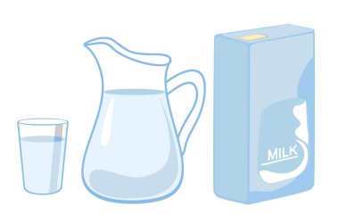 Süt bir sürahide ve bir kutuda. Süt ürünleri, çeşitli ambalajlar. Süt yiyecekler sağlıklı.