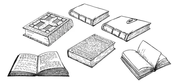 Böcker vektorsamling. Högen med böcker. Handritad illustration i skiss stil. Bibliotek, bokhandel. Böcker från olika vinklar. — Stock vektor