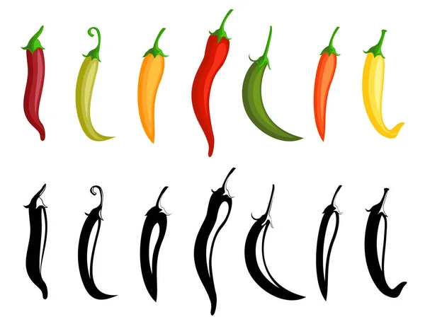 Chilli pepper. Hot red, green and yellow chili peppers. Isolated mexican spices, vector paprika icon signs. Chilli pepper, black and outline. Mexican or asian cuisine vector signs — Stock Vector