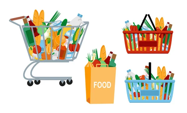 Élelmiszer kosár. Öko bevásárló táskák és kosarak étellel. Vektor szupermarket illusztráció. Szupermarket bevásárlókosár lapos stílusban, étellel. — Stock Vector