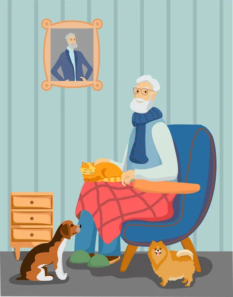 Anciano y mascotas. Abuelo con diferentes cachorros y gatos. Dueño de perros y gatos. Dueño de perros y gatos. Ilustración vectorial — Archivo Imágenes Vectoriales