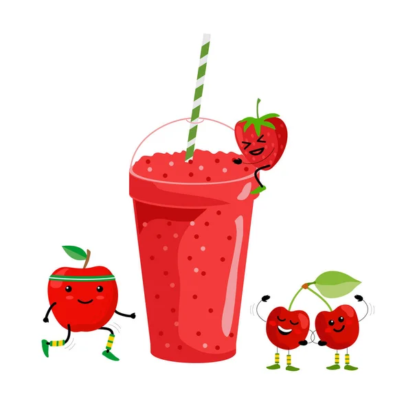 Bebida de batido. Sumo de fruta fresco no Verão. Batido de fruta vermelha. Frutos de desenhos animados bonitos com caneca. Menu de bebida, ilustração vetorial de estilo de vida vegan saudável — Vetor de Stock