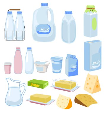 Çizgi film ürünleri, süt, peynir, yoğurt. Arka planda izole edilmiş süt ürünü, sağlıklı süt ve peynir yiyen abur cuburlar, yemek pişirmek için süt ürünleri. Vektör