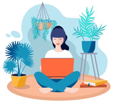 Dizüstü bilgisayarı olan bir kız evcil bitkilerin arasında yerde oturuyor. Uzaktan kumandalı internet eğitimi. Evde eğitim. Evde kal. Serbest çalışmak ya da konsept çalışmak. Düz stil ile sevimli illüstrasyon.