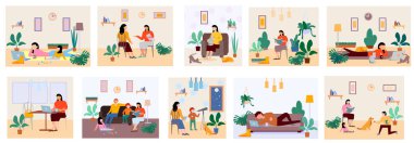 Boş zamanlarımızda ya da boş zamanlarımızda. Kadın ve erkek kitap, defter okuyor. Aile akşamları, çocuklarla aktiviteler, televizyon izlemek. Bir kadın konuşuyor. Aile yaşam tarzı ve rahatlama, birlikte faaliyet