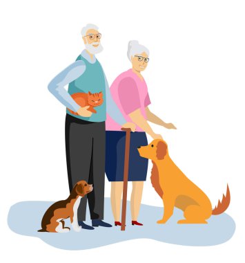 Köpek sahipleri ve kediler. Yaşlı çift ve evcil hayvanlar. Farklı köpek yavruları ve kedi vektör çizimleri olan büyük anne büyükbaba. Kediler ve köpekler..