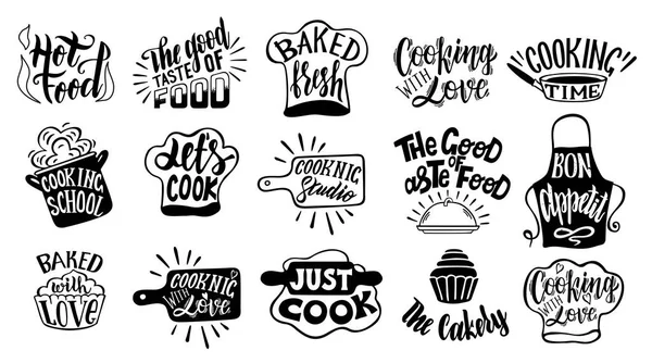 Juego de tipografía relacionada con la cocina. Citas sobre la cocina. Palabras de cocina. Restaurante, menú, juego de etiquetas de alimentos. Cocina, cocina, icono de cocina o logotipo. Letras, caligrafía vector ilustración — Archivo Imágenes Vectoriales