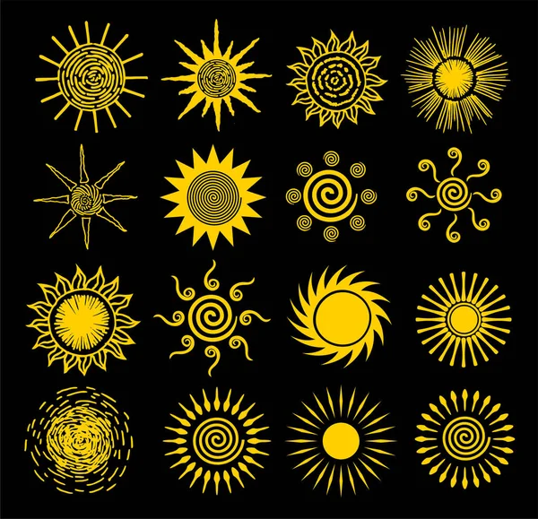 Abstrakcyjne ikony linii słońca. Ręcznie rysowane obiekty słoneczne. Symbole słońca, ilustracje letniego słońca, ikona wiosenna lub słoneczna, światło słoneczne lub elementy słoneczne na czarnym tle — Wektor stockowy