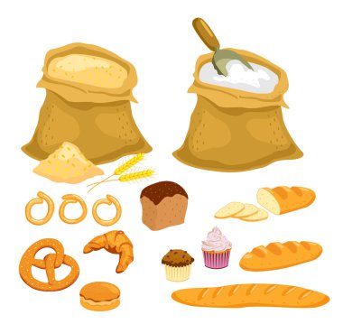 Vektör ekmek koleksiyonu. Un ve tahıl. Mutfak çizgi romanındaki pastane yemekleri, simit ve baget, kahvaltı için buğday ekmeği dilimleri, kruvasan ve küçük kraker..