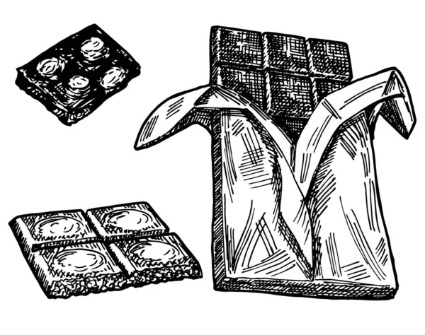 Desenho vetorial desenhado à mão de chocolate isolado em um branco. Imitação de gravura antiga. Mão de chocolate desenhado imitação esboço. Chocolate e pedaços inteiros . —  Vetores de Stock