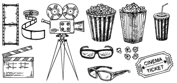 映画スケッチ集。手描きベクトルイラスト。スケッチスタイルの映画や映画の要素。ポスター、バナー、チラシ、広告、看板のために。3Dメガネ、ポップコーン、映画チケット — ストックベクタ