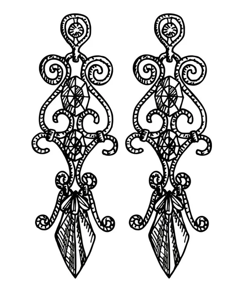 Handgezeichnete Ohrringe. Stilvoller Schmuck, Vektorskizze Illustration. Lange Ohrringe mit Edelsteinen. — Stockvektor