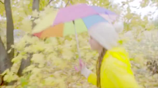 Pretty girl running with colour umbrella across autumn forest — Stock Video