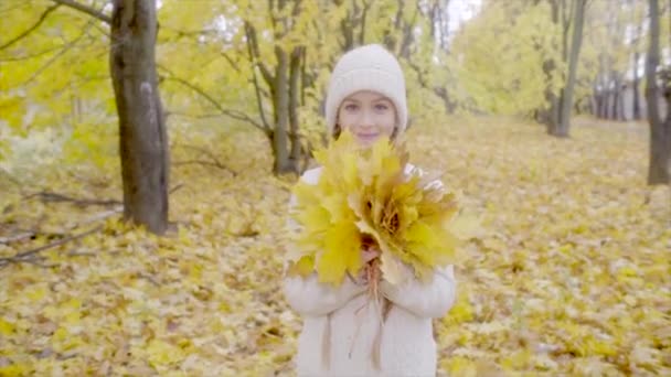 Hermosa chica sonriendo con ramo de arce amarillo en el bosque de otoño — Vídeos de Stock