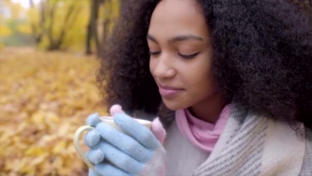 Cute black girl portrait wrapping herself in woolen plaid and drinking hot tea — Stock Video