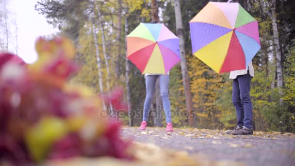 Two teenagers having fun with umbrellas in autumn park — Stock Video