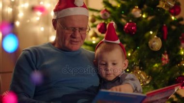 Büyükbaba kitap okumak onun torunu için Noel arifesinde