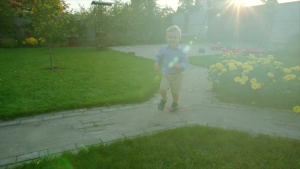 Liten pojke kör på bakgården gräsmattan vid solnedgången — Stockvideo