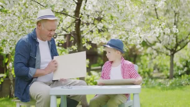 Granddad and his grandson are making wooden plane in the backyard on summertime — Stock Video