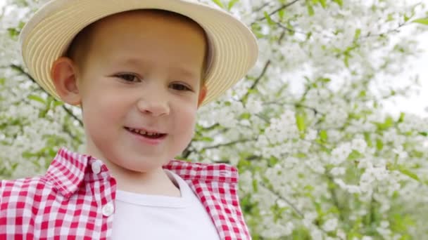 Porträtt av pojke i våren trädgården. Blommande träd i bakgrunden — Stockvideo