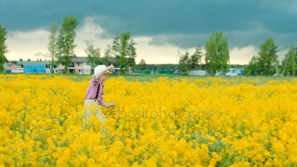 Liten pojke promenerar genom gula blommor på fältet på sommaren — Stockvideo