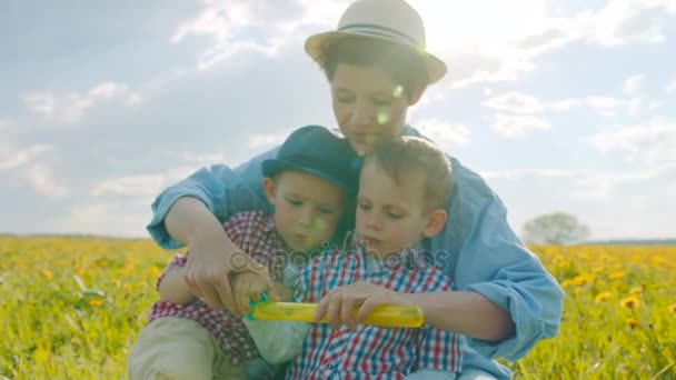Malí chlapci a jejich matka se vyfukuje bubliny na kvetoucí pole na léto — Stock video
