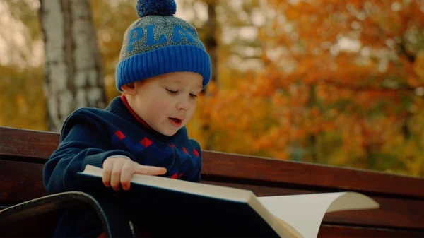 El niño está leyendo un libro grande en el parque de otoño. — Foto de Stock