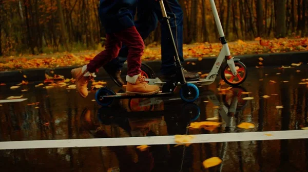 Niño y su abuelo están montando patinetas juntos en el parque de otoño —  Fotos de Stock