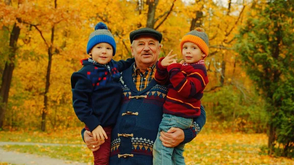 Mutlu büyükbaba sonbahar parkta onun kollarında iki küçük çocuk tutan