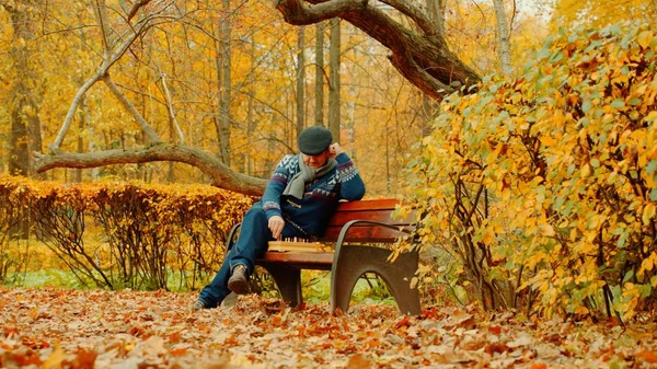Yaşlı adam satranç yalnız sonbahar parkta bankta oynuyor