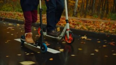 Küçük bir çocuk ve onun dedesi sonbahar parkta tekme scooter sürme vardır