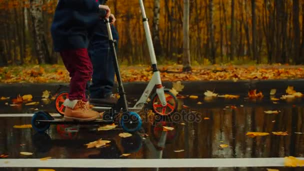 Niño y su abuelo están montando patinetas scooters en el parque de otoño — Vídeos de Stock