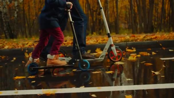 Niño y su abuelo están montando patinetas scooters en el parque de otoño — Vídeos de Stock