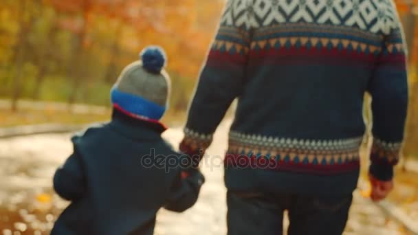 Kleiner Junge und sein Großvater spazieren im Herbstpark — Stockvideo