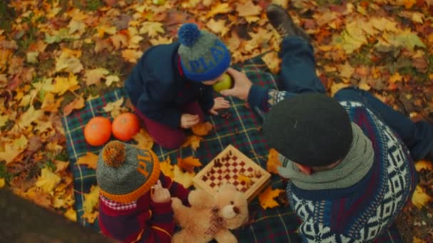 Nagyapja tanít a unokái sakkozni az őszi parkban — Stock videók