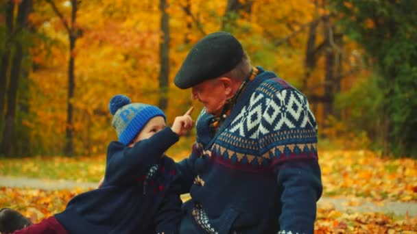 Il bambino e suo nonno nel parco autunnale — Video Stock