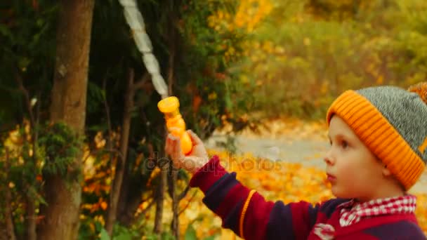 Les petits garçons soufflent des bulles dans le parc d'automne — Video